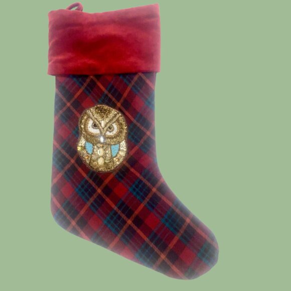 Pottery Barn Owl Christmas Stocking Plaid Holiday Beads Sequins - Picture 3 of 5